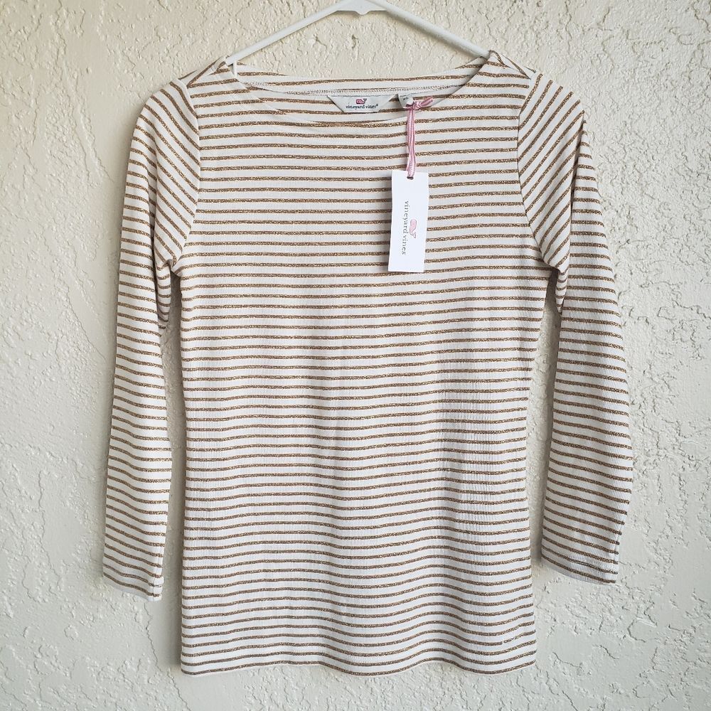Vineyard Vines Top Crew Neck NWT Long Sleeve Gold Striped Knit Size XS
